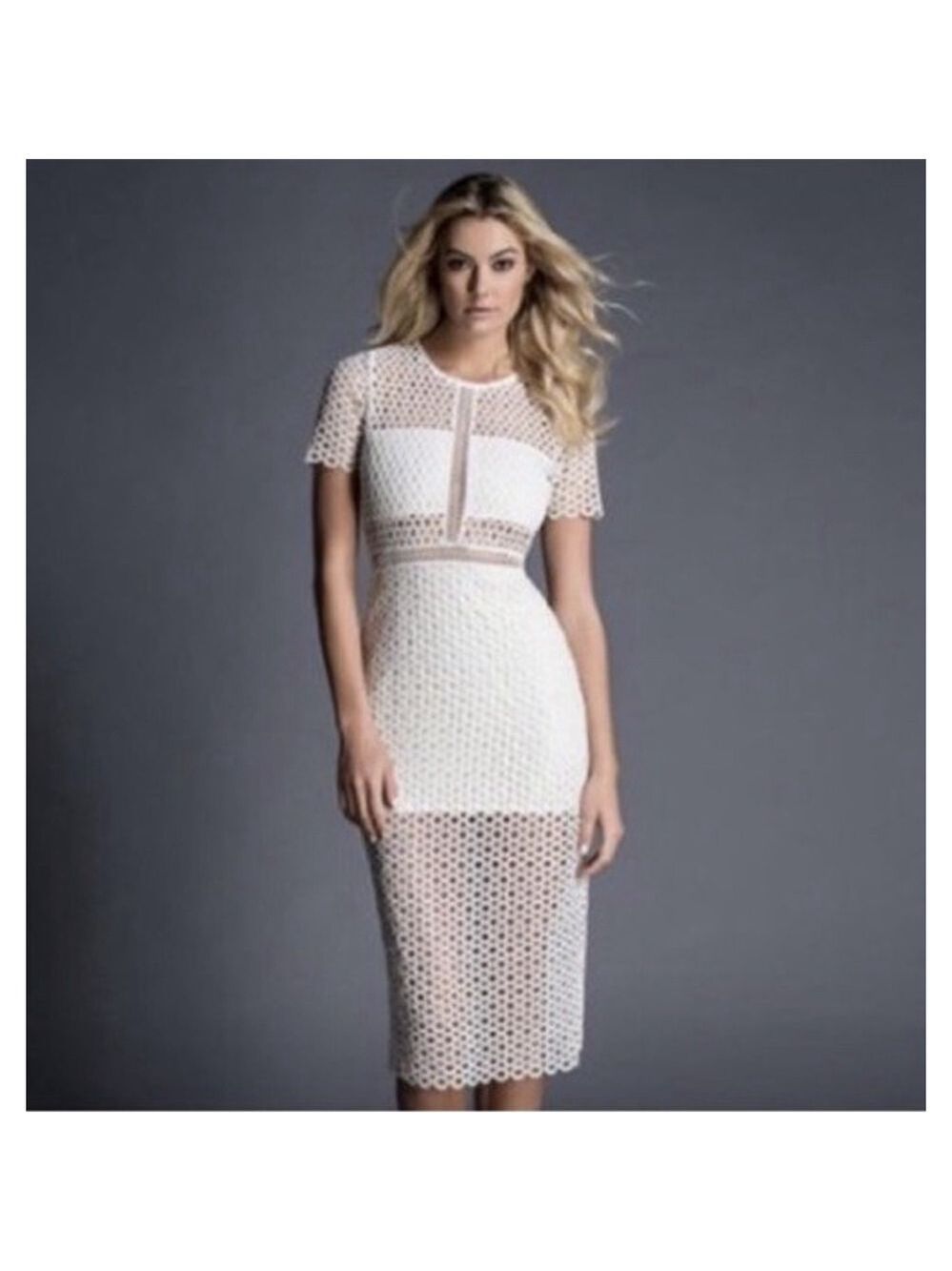Karina Grimaldi Ultimo Lace Crochet Midi Dress Small White Pencil Cocktail Party